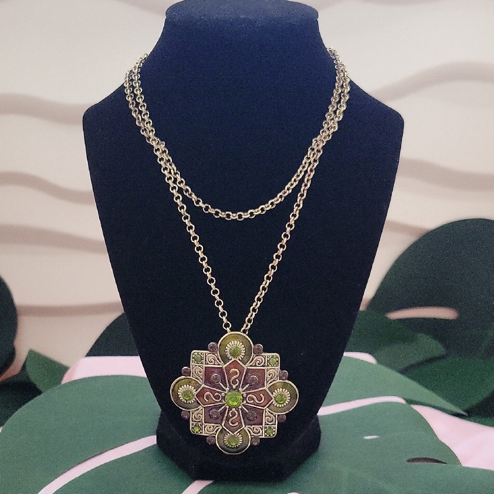 Statement Gold and Green Pendant Necklace